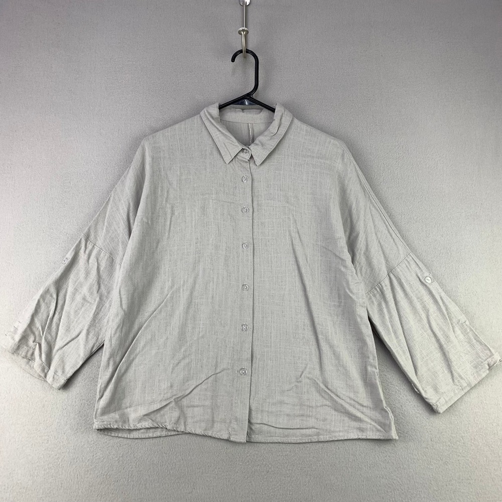 Womens Linen Viscose Blouse Medium Taupe Roll Tab Button Front Shirt Minimalist